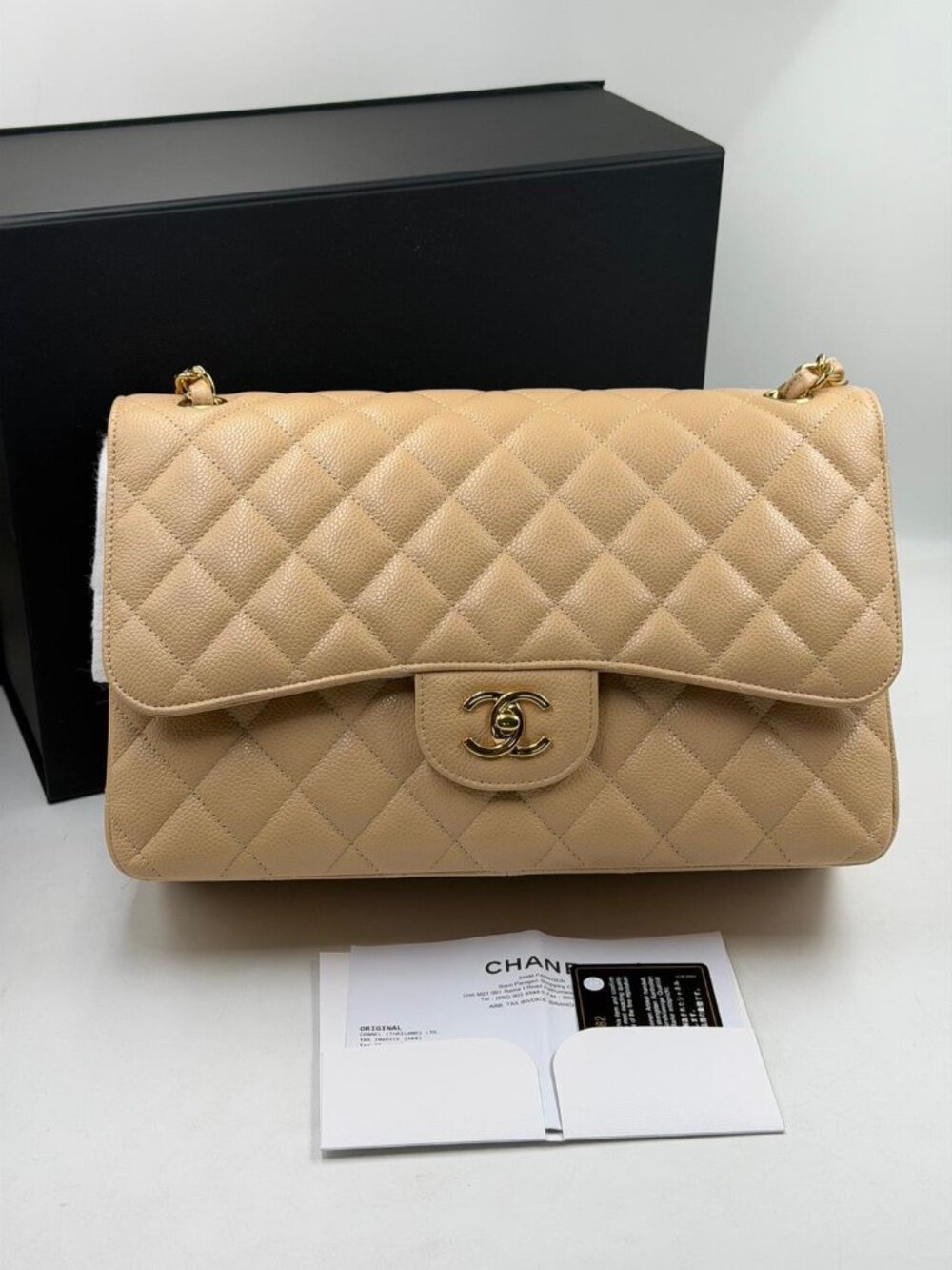 NEW Chanel Classic Caviar Double Flap Jumbo — Beige GHW